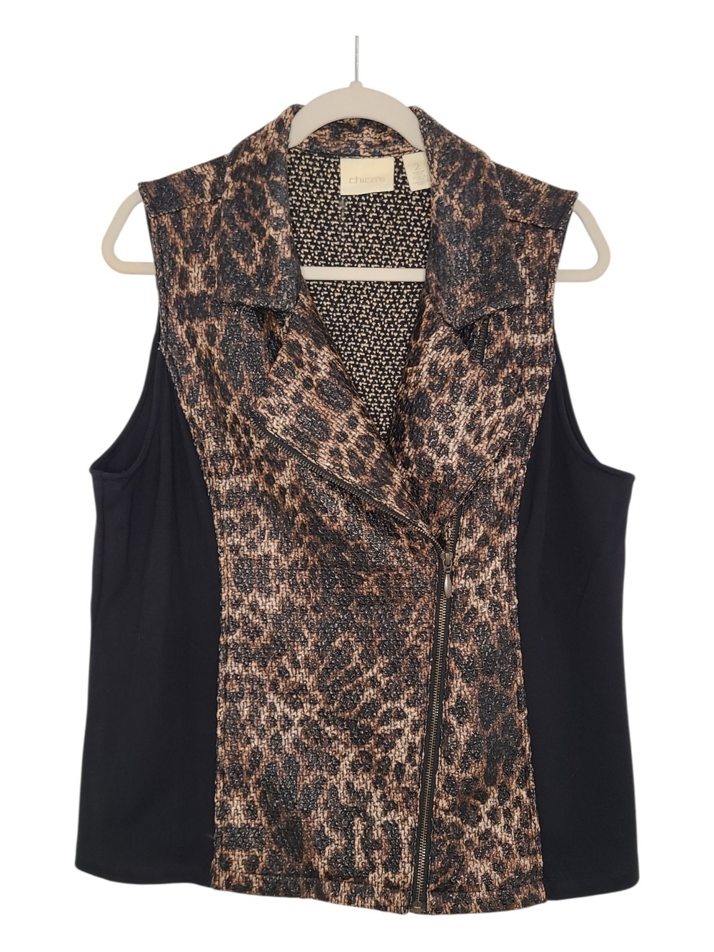 Chicos Leopard Metallic Moto Vest Jacket Sz 2 L Animal Print Textured Zip Front
